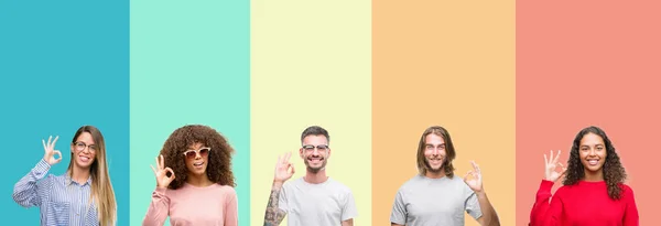 Collage Grupo Jóvenes Sobre Colorido Vintage Aislado Fondo Sonriendo Positivo — Foto de Stock