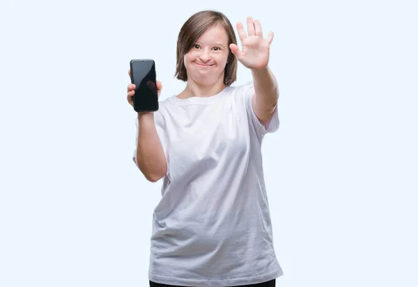 Young Adult Woman Syndrome Showing Smartphone Screen Isolated Background Open — Stock Photo, Image