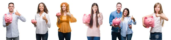 Collage Van Groep Mensen Besparingsgeld Piggy Bank Geïsoleerde Achtergrond Blij — Stockfoto