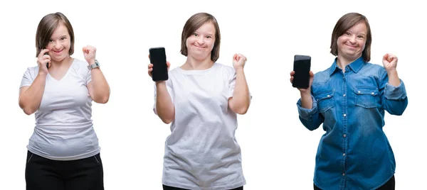 Kolaż Kobieta Downa Smartfona Białym Tle Krzyk Dumny Świętuje Zwycięstwo — Zdjęcie stockowe