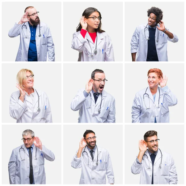 Colagem Grupo Médicos Usando Estetoscópio Sobre Fundo Isolado Sorrindo Com — Fotografia de Stock