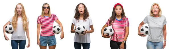 Kolaż Grupą Młodych Starszych Kobiet Trzymając Piłki Nożnej Białym Tle — Zdjęcie stockowe