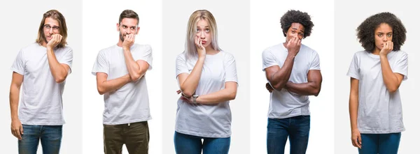 Colagem Grupo Jovens Vestindo Camiseta Branca Sobre Fundo Isolado Olhando — Fotografia de Stock