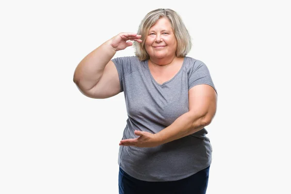 Senior Size Kaukasische Frau Über Isoliertem Hintergrund Gestikulierend Mit Händen — Stockfoto