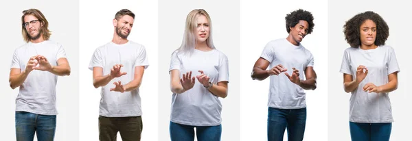 Collage Gruppo Giovani Che Indossano Shirt Bianca Sfondo Isolato Espressione — Foto Stock