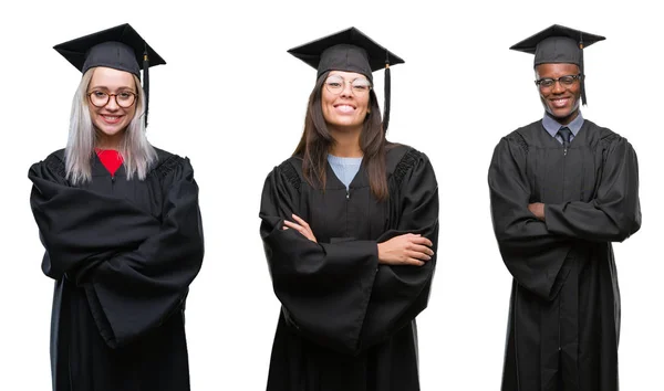 Collage Grupo Jóvenes Estudiantes Con Uniforme Graduado Universidad Sobre Fondo — Foto de Stock