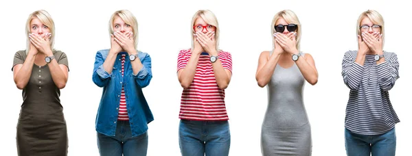 Colagem Bela Mulher Loira Usando Diferentes Olhares Sobre Fundo Isolado — Fotografia de Stock