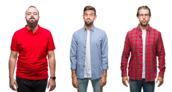 Collage Grupp Unga Män Över Isolerade Bakgrund Pustande Kinder Med — Stockfoto