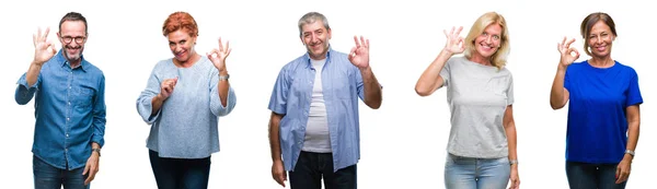 孤立背景下的中年人和老年人的拼贴微笑积极用手和手指做确定的标志 成功的表达 — 图库照片