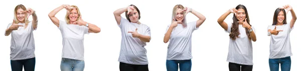 Colagem Grupo Mulheres Vestindo Camiseta Branca Sobre Fundo Isolado Sorrindo — Fotografia de Stock