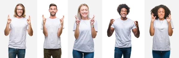 Collage Grupp Ungdomar Som Bär Vit Shirt Över Isolerade Bakgrund — Stockfoto