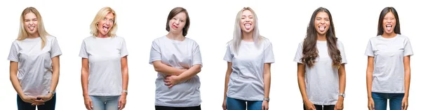 Collage Van Groep Vrouwen Dragen Witte Shirt Geïsoleerde Achtergrond Steken — Stockfoto