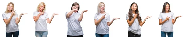 놀라게 손으로 손가락으로 가리키는 카메라에 셔츠를 여자의 그룹의 콜라주 — 스톡 사진