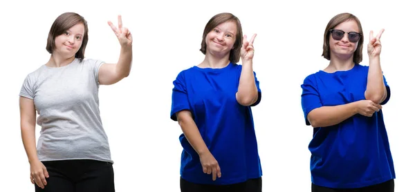 Collage Van Syndroom Vrouw Geïsoleerde Achtergrond Glimlachend Met Blij Gezicht — Stockfoto