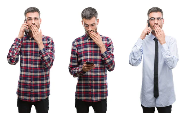 Collage Giovane Uomo Affari Che Lavora Con Smartphone Sfondo Bianco — Foto Stock