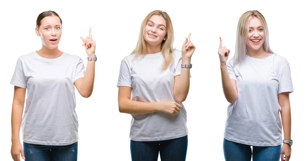 Collage Grupo Mujeres Jóvenes Con Una Camiseta Blanca Sobre Fondo — Foto de Stock