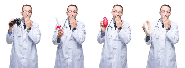 Collage Eines Gut Aussehenden Leitenden Arztes Über Isoliertem Hintergrunddeckel Mund — Stockfoto