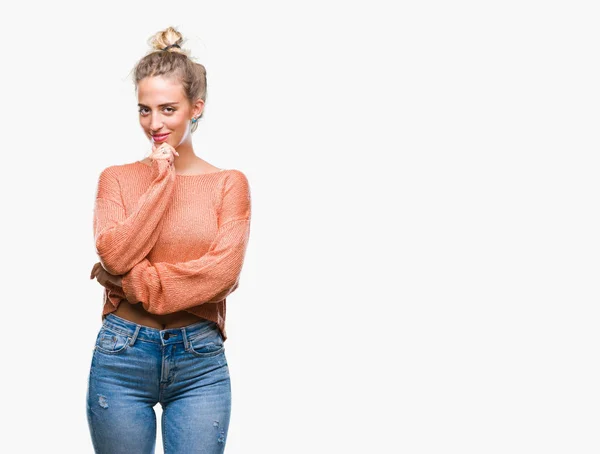 Mooie Jonge Blonde Vrouw Geïsoleerde Achtergrond Zoek Vertrouwen Camera Met — Stockfoto