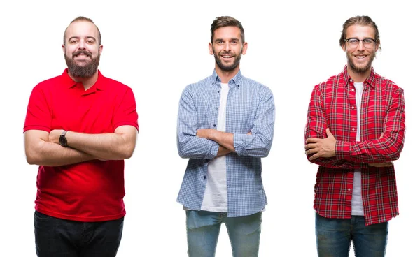 Collage Gruppo Giovani Sfondo Isolato Volto Felice Sorridente Con Braccia — Foto Stock