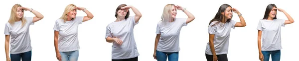 Kolaż Grupy Kobiet Noszenie Shirt Biały Białym Tle Bardzo Szczęśliwa — Zdjęcie stockowe