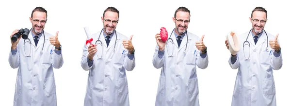 Collage Guapo Hombre Médico Alzado Senior Sobre Fondo Aislado Feliz — Foto de Stock