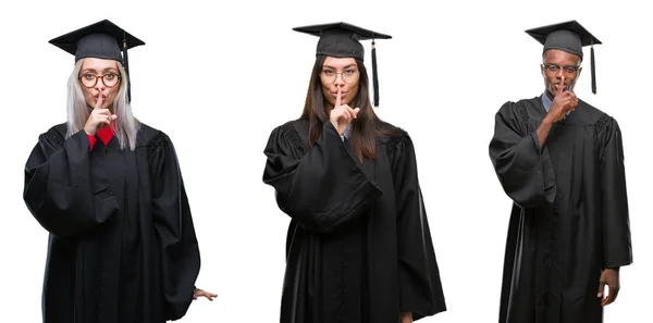 唇に指で静かにするように求めて孤立の背景に卒業大学の制服を着て学生の若い人々 のグループのコラージュ 沈黙と秘密の概念 — ストック写真