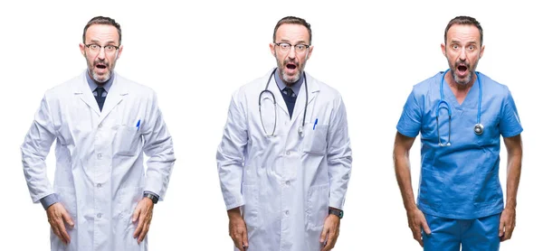 Collage Guapo Médico Alto Nivel Con Uniforme Cirujano Sobre Fondo —  Fotos de Stock