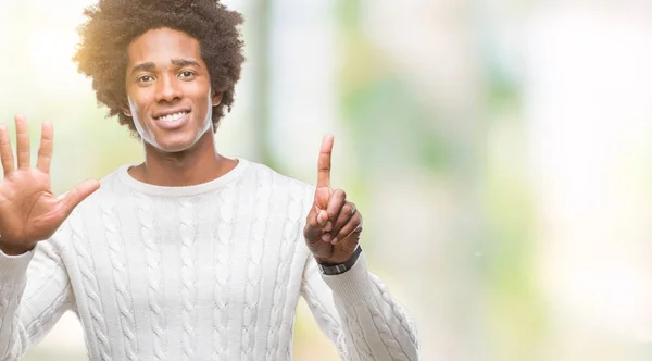 Afroamerikanischer Mann Über Isoliertem Hintergrund Der Mit Finger Nummer Sechs — Stockfoto
