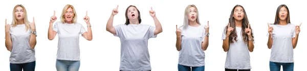 Collage Grupo Mujeres Con Camiseta Blanca Sobre Fondo Aislado Asombradas —  Fotos de Stock