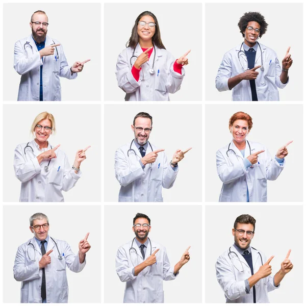 Collage of group of doctor people wearing stethoscope over isolated background smiling and looking at the camera pointing with two hands and fingers to the side.