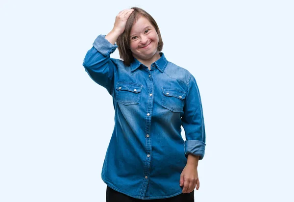 Mladé Dospělé Ženy Downovým Syndromem Izolované Pozadí Mást Zajímat Otázku — Stock fotografie