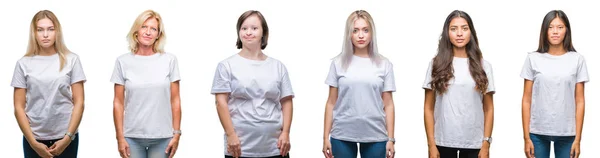 在孤立的背景上穿白色 T恤的一组女性的拼贴 脸上有严重的表情 简单而自然地看着相机 — 图库照片