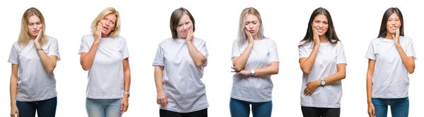 Collage Grupo Mujeres Con Camiseta Blanca Sobre Fondo Aislado Tocando —  Fotos de Stock