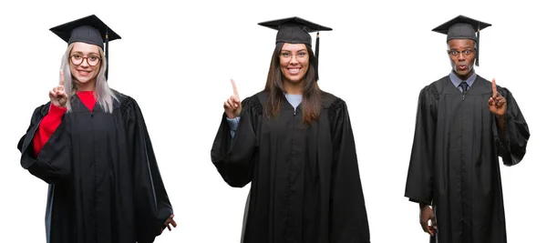 Collage Gruppo Giovani Studenti Che Indossano Uniforme Universitaria Graduata Sfondo — Foto Stock