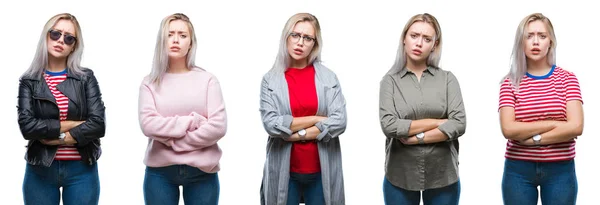 Collage Einer Schönen Blonden Jungen Frau Mit Isoliertem Hintergrund Skeptisch — Stockfoto