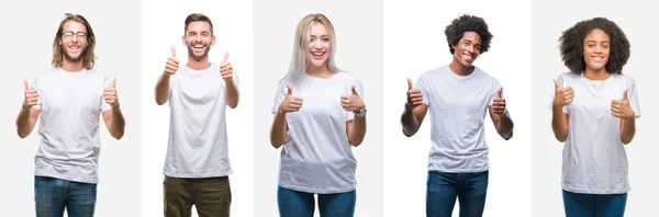 Collage Group Young People Wearing White Shirt Isolated Background Success — Stock Photo, Image