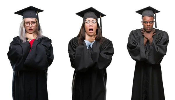 Koláž Skupiny Mladých Studentů Lidé Nosí Uniformu Univerty Absolvoval Přeřvávání — Stock fotografie