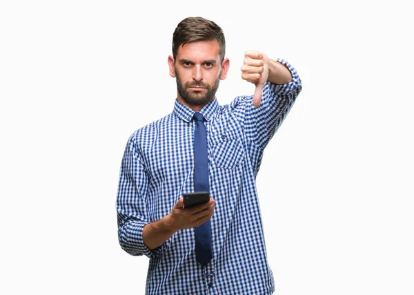 Jonge Hadsome Man Sms Verzenden Bericht Smartphone Geïsoleerd Achtergrond Met — Stockfoto