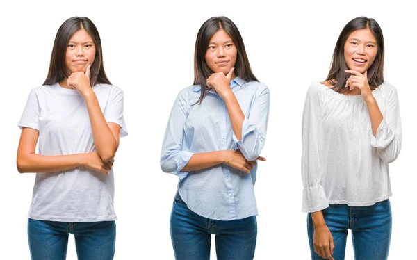 Colagem Asiática Jovem Mulher Sobre Fundo Isolado Branco Olhando Confiante — Fotografia de Stock