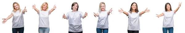 Kolaż Grupą Kobiet Noszenie Shirt Biały Białym Tle Patrząc Kamery — Zdjęcie stockowe