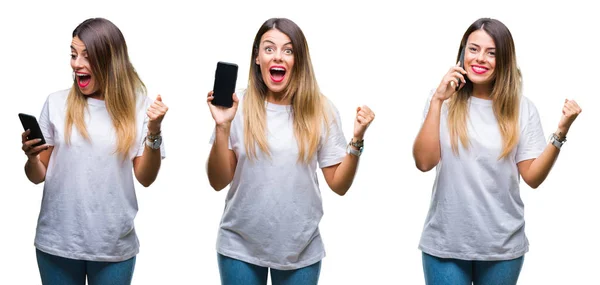 Collage Joven Hermosa Mujer Usando Teléfono Inteligente Sobre Fondo Aislado —  Fotos de Stock