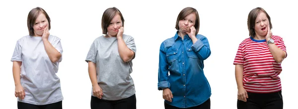 Collage Mujer Del Síndrome Sobre Fondo Aislado Tocando Boca Con —  Fotos de Stock