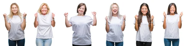 Collage Grupo Mujeres Con Camiseta Blanca Sobre Fondo Aislado Emocionadas —  Fotos de Stock