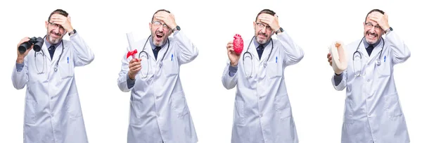 Collage Guapo Hombre Médico Alzado Senior Sobre Fondo Aislado Estresado — Foto de Stock