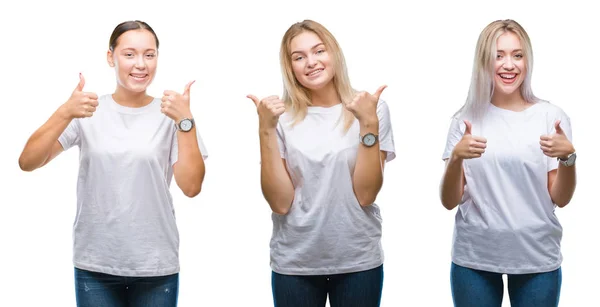 Colagem Grupo Mulheres Jovens Vestindo Shirt Branca Sobre Sinal Sucesso — Fotografia de Stock