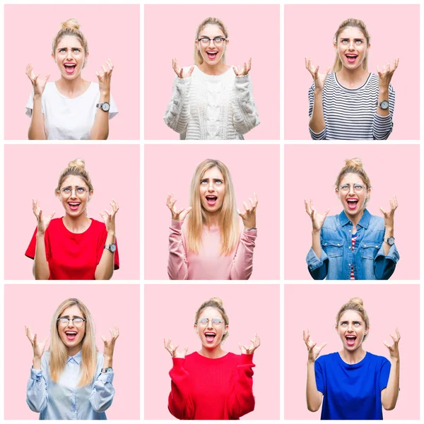 Collage Van Jonge Mooie Blonde Vrouw Roze Geïsoleerde Achtergrond Gekke — Stockfoto