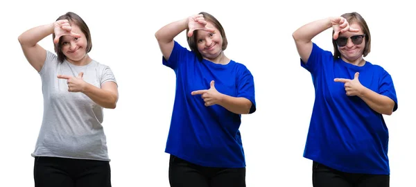 Колаж Вниз Сіднейської Жінки Над Ізольованим Тлом Посміхаючись Роблячи Рамку — стокове фото