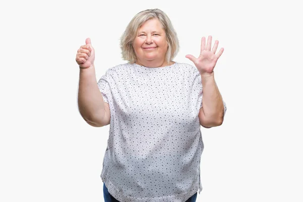 Senior Más Tamaño Mujer Caucásica Sobre Fondo Aislado Mostrando Apuntando — Foto de Stock