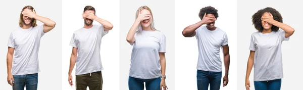Collage Grupo Jóvenes Con Camiseta Blanca Sobre Fondo Aislado Sonriendo — Foto de Stock