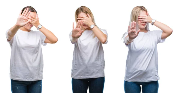 Collage Einer Gruppe Junger Frauen Weißem Shirt Vor Isoliertem Hintergrund — Stockfoto